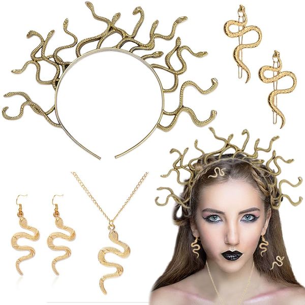 6PCS Medusa Costume Accessories Medusa Snake Headband Jewelry Set Necklace Earring Hairpin Greek Goddess Halloween Headpiece Festival Cosplay Snake Crown Party Headdress Hair Accessories for Women