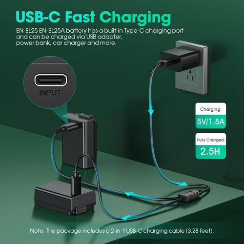 FirstPower EN-EL25 EN-EL25a Battery, 2-Pack 1600mAh Replacement Battery with USB-C Fast Charging Port Compatible with Nikon ZFC / Z30 / Z50 Camera, MH-32 Charger