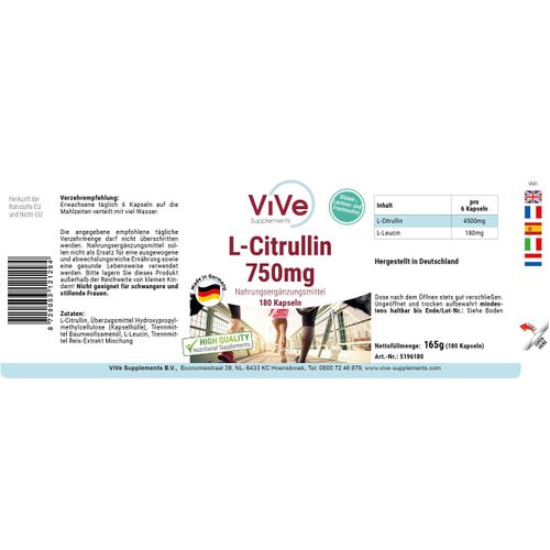 L-Citrulline 750 mg - 180 Capsules for 1 Month - Amino Acid - High Dose and Vegan | Quality from Germany ViVe Supplements