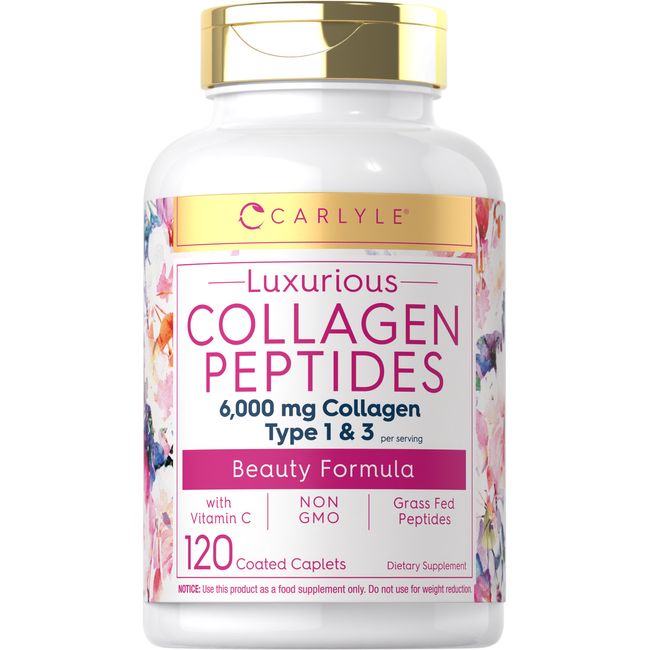 Collagen Peptides Pills 6000 mg | 120 Caplets | Type 1 & 3, Vitamin C | Carlyle