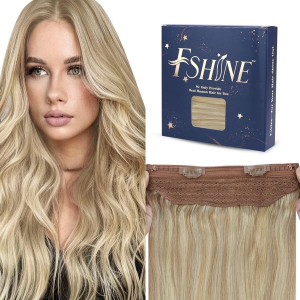 Fshine Draht on Extension Echthaar Hairpiece 40cm Highlight Goldblond mit Hellblond 80g Fish Line Haarverlängerungen Extension Echthaar mit Draht Remy Fish Line Hair Extensions in der Farbe 16P22