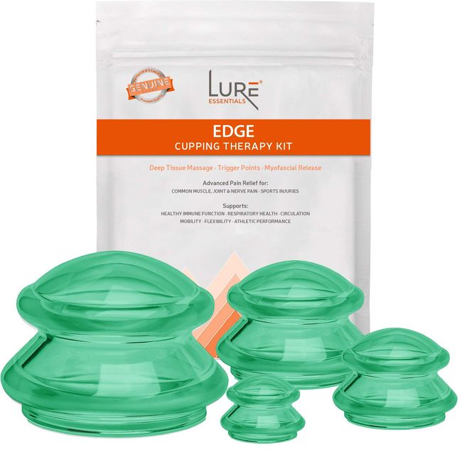 Lure Essentials Edge Cupping Set for Home Use and Massage Therapists, Silicone Cupping Sets for Cellulite Reduction and Cupping Therapy (Set of 4, Green)