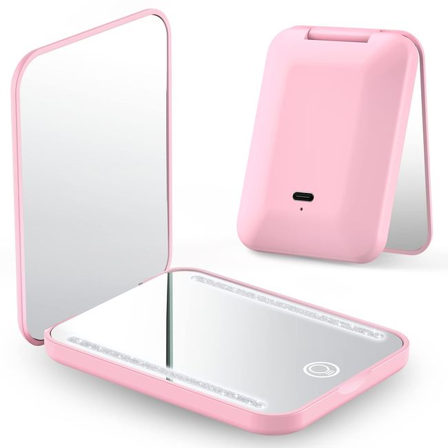 Gospire LED Mirror, Foldable with 1X/3X Double Sided Mirror, Travel Makeup Mirror, Cute Hand Mirror, Tri-Color Dimmable, Adjustable Brightness, USB Rechargeable (Pink)