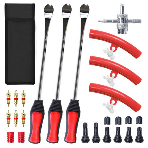 HOOUP 12.2” Dirt Bike Steel Tire Spoons Tool Set for Lawnmower Motorcycle Bicycle ATV Mini Bike Garden Tractor Tires 26pcs Tire Changer Tool with Tire Spoons Rim Protector Valve Stems Cap Cores Red
