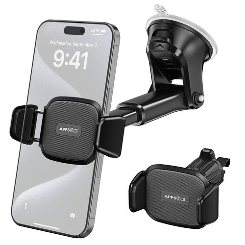 APPS2Car Upgraded Car Phone Holder [True One-Hand Operation] Strong Suction Cup, Dashboard Windshield Mount with Anti-UV Film, Adhesive Pad & Air Vent Hook, Easy Place & Pick