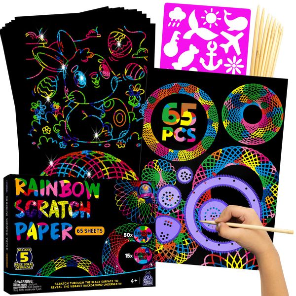 PURPLE LADYBUG 65 PCS Rainbow Holographic & Rainbow Scratch Paper Art - Black Scratch Art Paper for Kids, Arts and Crafts Easter Basket Stuffers for Teens, Craft Kits for Kids Ages 6 7 8 9 10 Year Old