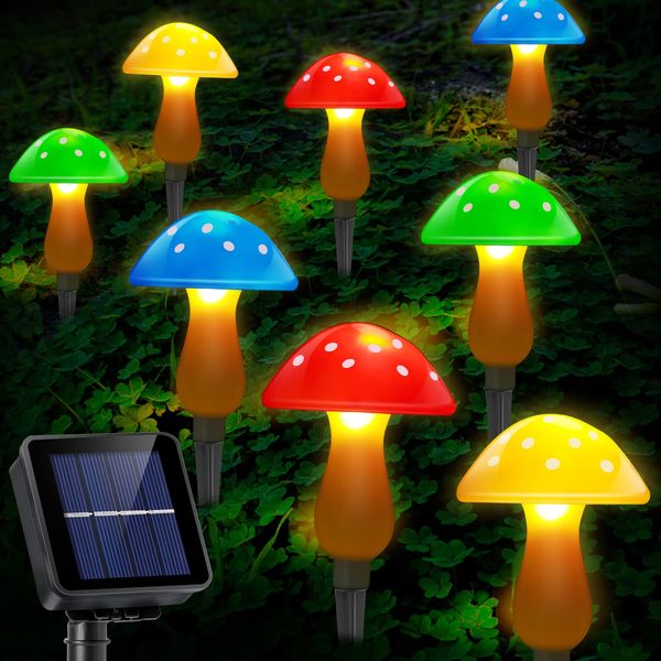 ReyeeInc Solar Garden Decor Lights, Solar Powered Mushroom Outdoor Waterproof Long Lasting Mushrooms Stake Lightings with 8 Lights and 8 Modes for Yard Lawn Flowerbed Pathway Decoration (8 in 1)