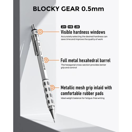 Nicpro Blocky Gear 0.5 mm Mechanical Pencil Set in Case, Metal Pencil with Lead Refills, Eraser for Professional & Adult Art Writing Drafting Drawing