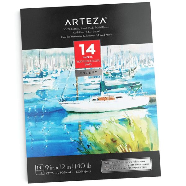 ARTEZA Watercolor Paper, 14 Sheets, 9x12 Inches Water Color Paper, 140lb/300gsm, 100% Cotton, Cold Press, Acid Free Art Paper