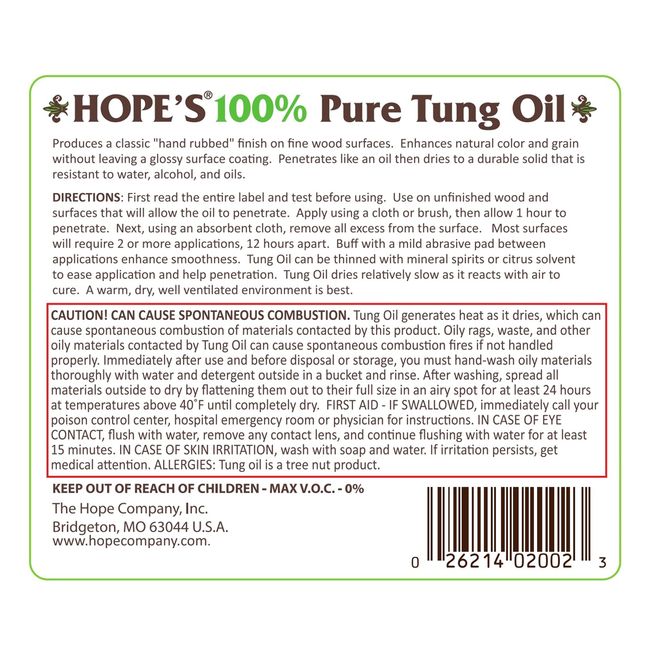 HOPE'S Pure Tung Oil, Waterproof Natural Wood Finish and Sealer, 32 Fl Oz