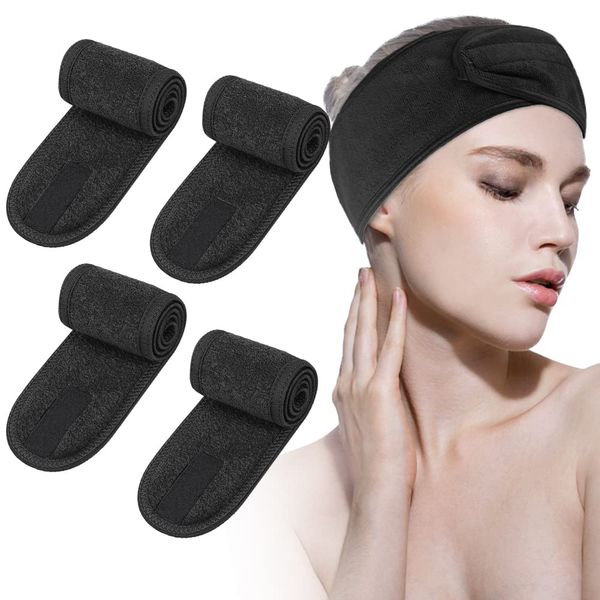 Headband for Washing Face, 4Pcs Spa Headband Makeup Headband for Woman Non-Slip Adjustable Skincare Headbands for Shower Facial Mask Yoga Sports (Black)