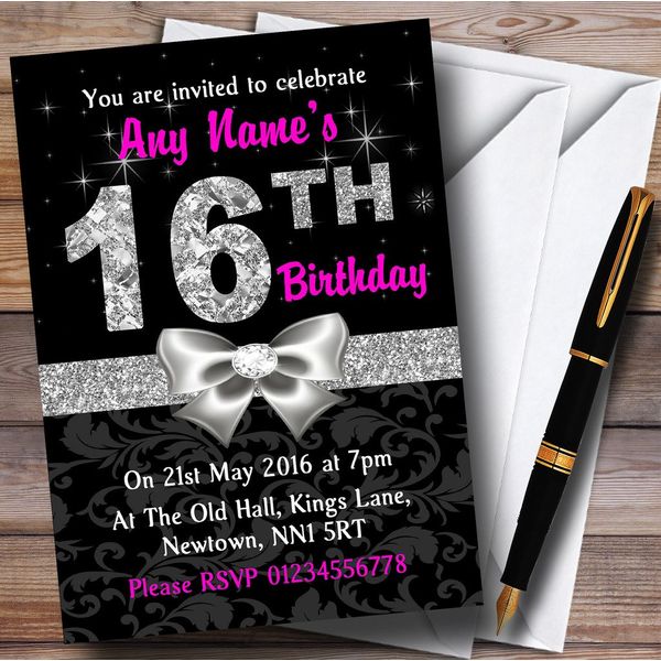 Fingerprint Designs Pink Black Silver Diamond 16th Birthday Invitations