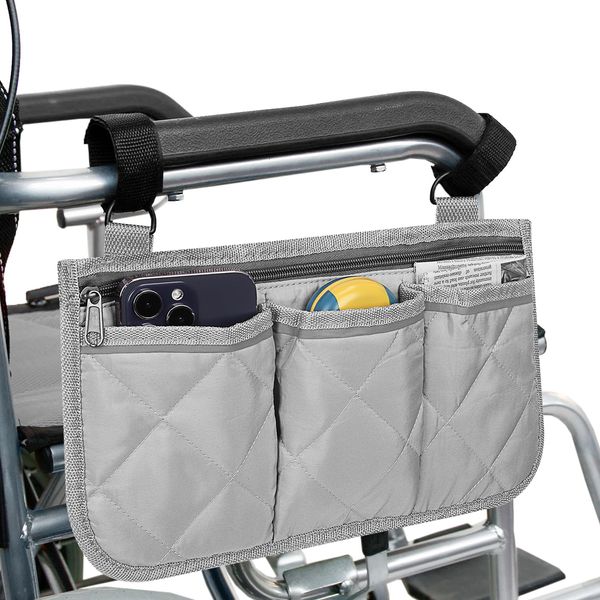 supregear Wheelchair Armrest Side Bag, Walker Organizer Bag with Reflective Stripes Waterproof Storage Pouches for Any Wheelchair, Mobility Scooter, Walker, Rollator Carry Accessories, Grey