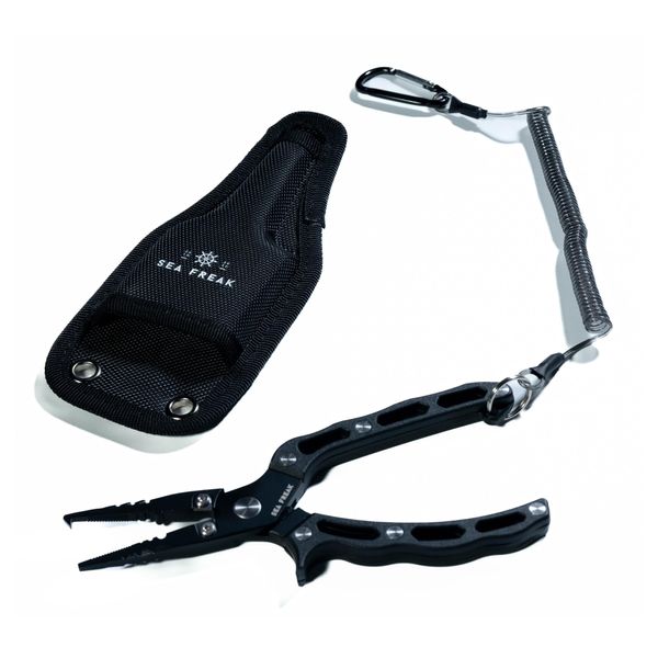 Fishing Pliers Multi Function Tungsten Blade Stainless PE Line Split Ring Rust Resistant Case Strap Black