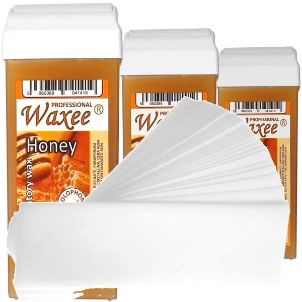 3 x 100ml roll on roller wax cartridge and 50 waxing strips Waxee (Wide roller (legs & body), Honey (with natural Beeswax))