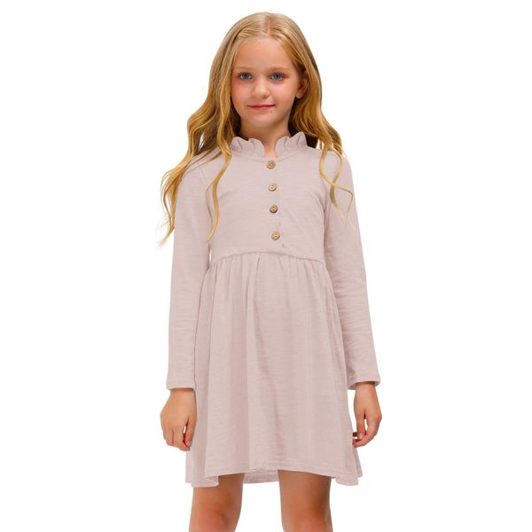 BesserBay Kinder Vintage Einfarbig Jerseykleid Long Sleeve mit Geknöpfte Elegant Schulkleid for Spring Rosa 140