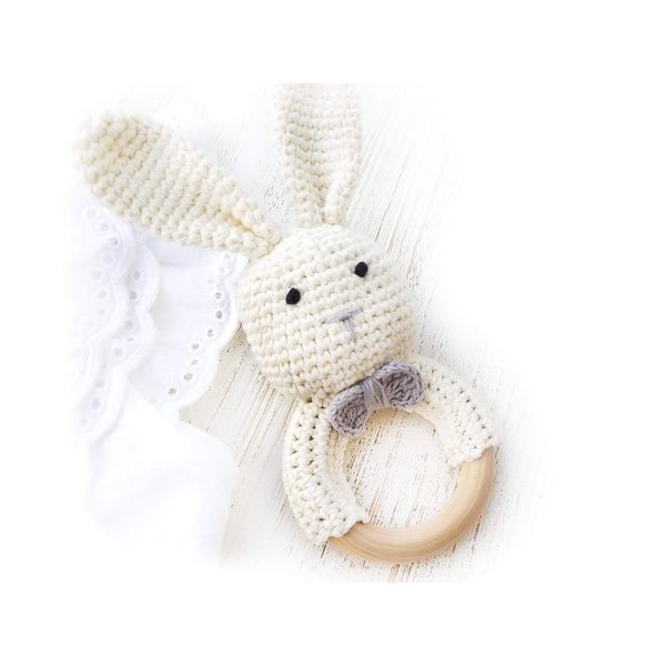 Natural Crochet Teether Toy Rattle for Baby Forest Friends Amigurumi Crochet Bunny Deer Fox on Natural Wooden Teething Ring Rattle and Beaded Pacifier Clip (Mama Bunny)