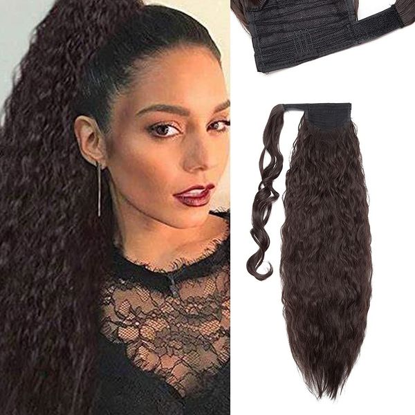 SEGO Corn Wave Ponytail Magic Paste One Piece Curly Wrap Around Ponytail Hair Extension Long Fluffy Synthetic Ponytail [26 Inch, 110g] - Dark Brown