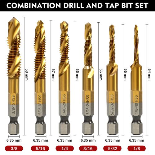 RENYU 6Pcs Combination Drill and Tap Bit Set, 1/4" Hex Shank with Titanium Coating Screw Tap Drill Bits for Metal, Plastic, Wood