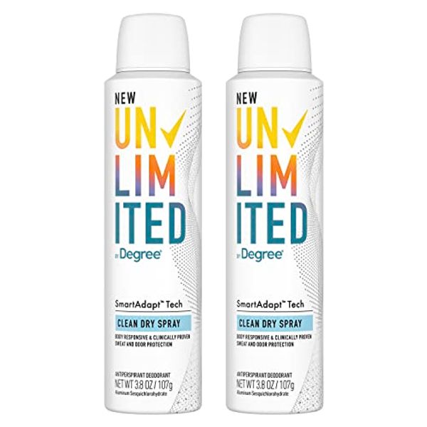 Degree Unlimited Antiperspirant Deodorant Dry Spray Clean 2 Count Long-Lasting Sweat & Odor Protection with Antiperspirant Technology SmartAdapt Tech 3.8 oz