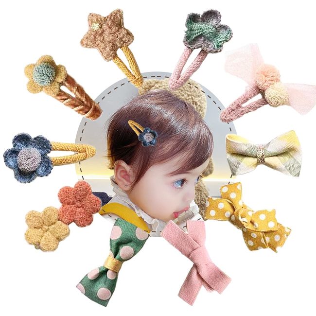 SMT KUSUMI Hair Clips, Baby, Kids, Children, Girls, Ribbon, Flowers, Glitter, Hair Accessories, Set of 10