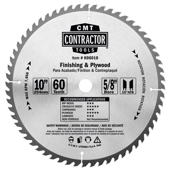 CMT K06010 ITK Contractor Finish & Plywood Saw Blade, 10 x 60 Teeth, 10° ATB with 5/8-Inch bore