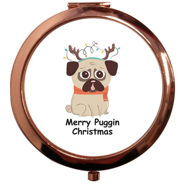 Flox Creative Rose Gold Circle Compact Mirror Merry Puggin' Christmas