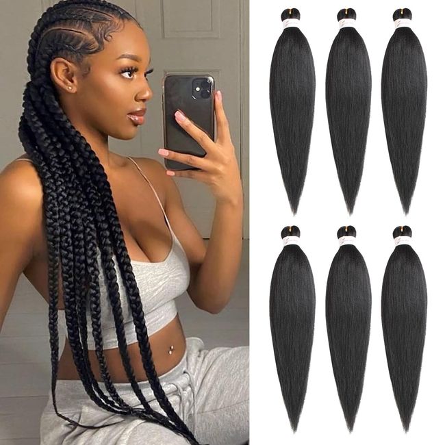 Samtress 6 Packs Pre Stretched Braiding Hair Long Braid 30 Inch Natural Black EZ Briad Yaki Texture Kanekalon Synthetic Braiding Hair Hot Water Setting for Crochet Braids (#1B)