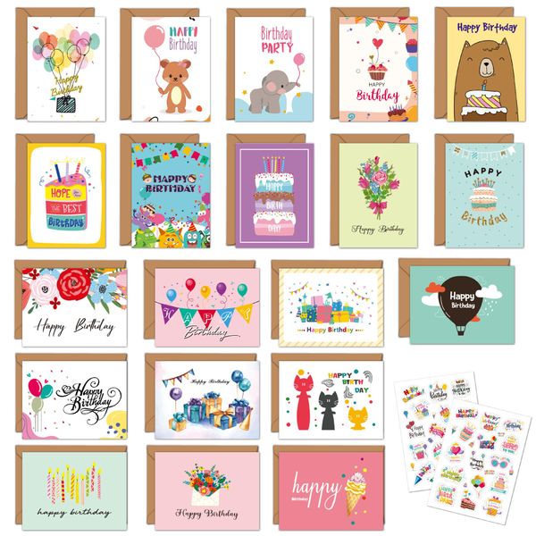 Birthday Cards, Envelopes Included, Set of 20, Includes Personalized Stickers, Message Cards, Greeting Cards, Birthday Cards