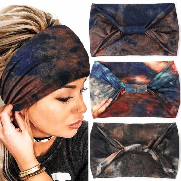 Zoestar Boho Wide Headbands Tie Dyed Yoga Head Scarfs Knotted Turban Headwraps Vintage Stylish Hair Bands Elastic Thick Fashion Hair Accessories for Women and Girls(Pack of 3)