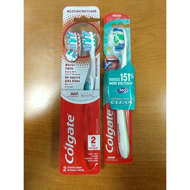 3Pk: Colgate 360° Advanced Optic White & Tongue/Cheek Cleaner Toothbrush E2B