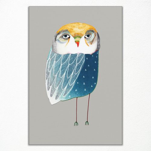 Owl Canvas Wall Art, Cute Animal Nursery Wall Art, Whimsical Blue Lucky Owl Painting Poster, Funky Animal Picture for Boys Girls Bedroom Playroom, Owl Fine Art Print for Wall 8x12in Unframed