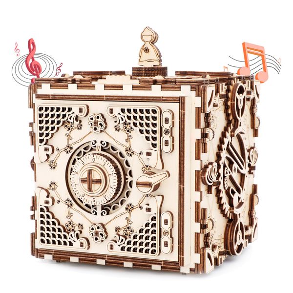 UGUTER 3D Wooden Puzzle Safe Kit DIY Mechanical Treasure Box Brain Teaser Piggy Bank Musical Money Box Home Decoration Stunning Gifts for Adults and Teens (Cherry Blossom Safe)