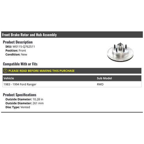 Marketplace Auto Parts Front Brake Rotor and Hub Assembly - Compatible with 1983-1994 Ford Ranger RWD