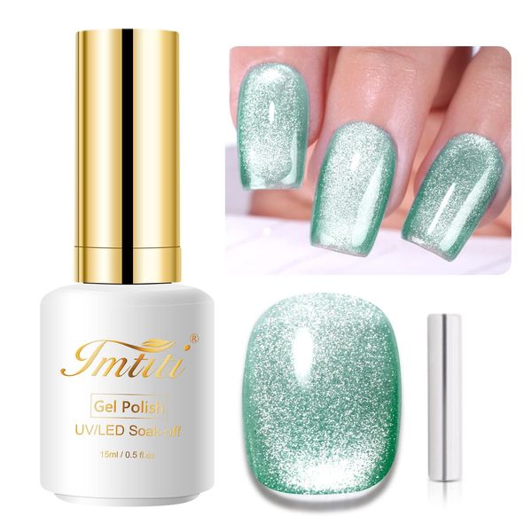 Imtiti Light Green Color Gel Nail Polish,0.5fl oz Holographic 9D Cat eyes Glitter Magnetic Gel Polish UV Gel Nail Polish with Magnetic Stick for Nail Salon