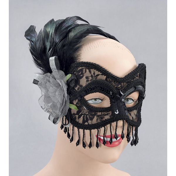 Black Lace Mask with Silver Rose