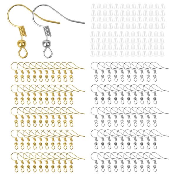 Earrings Making Kit, 100 PCS Earring Hooks, Hypoallergenic Ear Wire Hooks with 100 PCS Clear Earring Safety Backs, Earrings Making Supplies Kit for DIY Earring Jewelry Making (Silver and Gold)