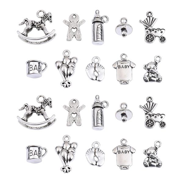 DanLingJewelry 100Pcs 10 Styles Baby Theme Charms Feet Feeding Bottle Rocking Horse Bear Charms for DIY Jewellery Making