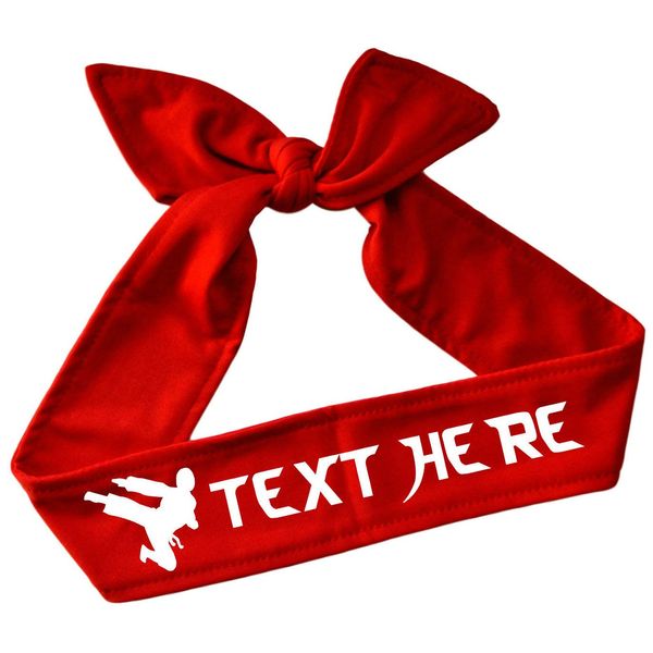 Martial Arts Personalized Custom Tie Back Headband with Kicking Silhouette Teakwondo in Vinyl (Red Headband)