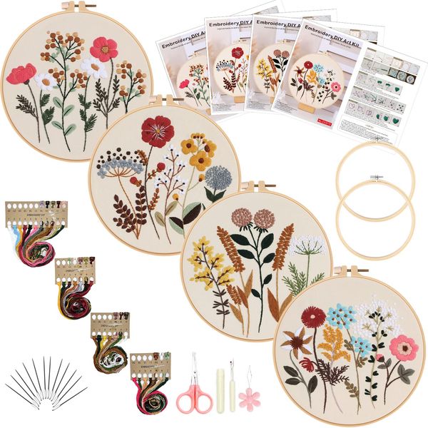 Picoey Flower Embroidery Kit for Beginners with Pattern and Instructions,4 Pack Cross Stitch Kits,2 Wooden Embroidery Hoops,Threads and Needles,Needlepoint Kit for Adults