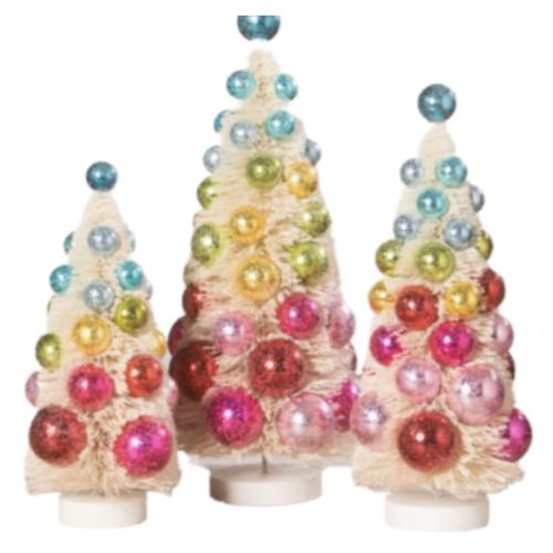 Bethany Lowe Designs Bright Hue Baubles Rainbown Snow Dusted Bottle Brush Trees Set of 3