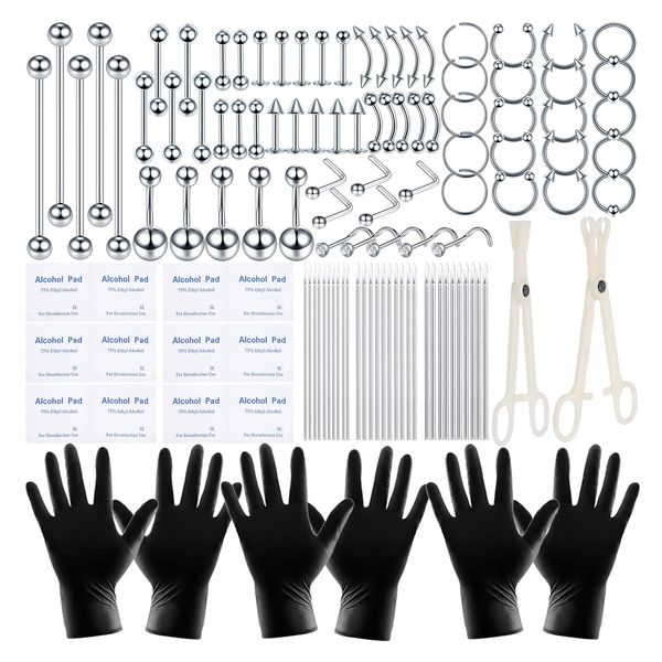 ChiMunllin 120PCS Body Piercing Kit Surgical Steel 14G 16G 20G BCR CBR Labret Lip Rings Cartilage Daith Earrings Nose Septum Nose Studs Belly Button Rings Jewelry Needles Gloves Clamps Tools