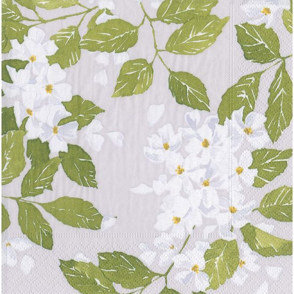 Caspari Grey Blancs de blancs White blossoms on grey with green leaves Luncheon Paper Table Napkins 20 in a pack 33cm square