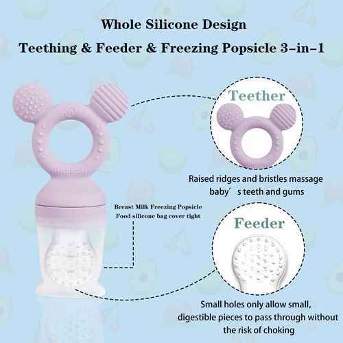 HAOBAOBEI Baby Fruit Feeder, Frozen Teething Toys for Babies, Baby Teether Pacifier with 3 Extra Teats, Baby Eating Essentials, BPA Free Baby Feeding Supplies (Lavender)