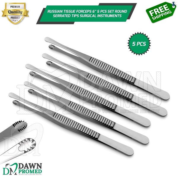 Russian Tissue Forceps 6" 5 Pcs Set Round Serrated Tips Surgical Inst German Gr