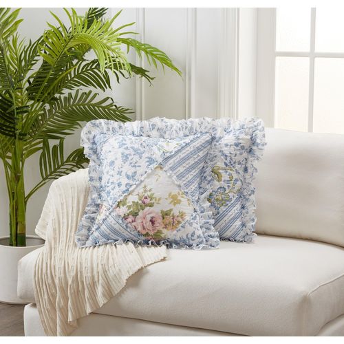 Brilliant Sunshine Blue Rose Ruffle Pillowshams, Quilted Patchwork Decorative Pillow Covers Set, Washable Square Throw Cushion Cases for Couch, Reclining Chair, Car, Bed, 18x18, Pack of 2