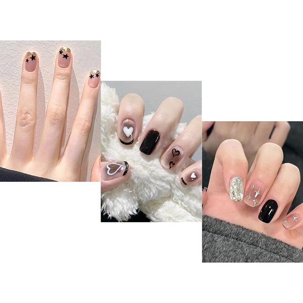 NIUANIUA Short, False Nails, Cute, Round Tips, Fashion, 3D Nails, Popular, Black, 12 Sizes, Pack of 72 Pieces, Black & Star Print
