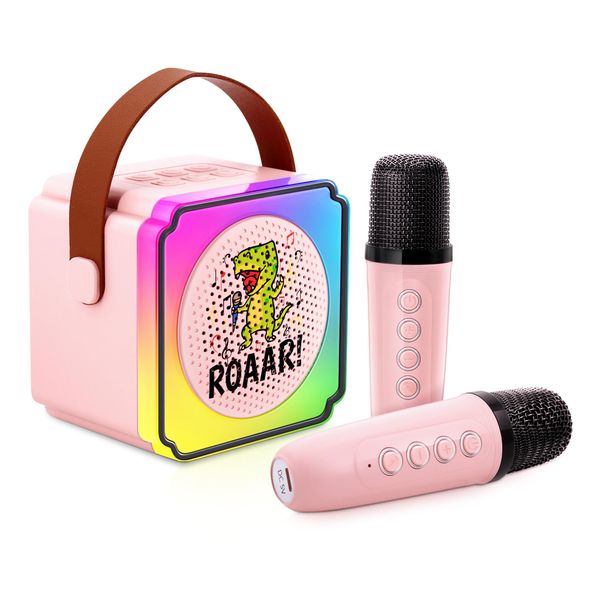 Ainrvteers Kids Karaoke Machine、Kareoke Machine with Bluetooth and Wireless Microphone for Kids， Toys Gifts for Girls Boy Ages 4, 5, 6, 7, 8, 9, 10, 12 +Year Old Birthday (Pink-2 Mic)