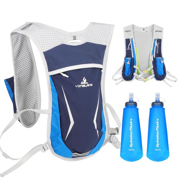Running Hydration Vest for Men & Women – Lightweight Breathable Running Vest with 2 x 500ml Soft Flask Water Bottles, 5 Pockets for Cycling, Hiking, Climbing – Hydration Vest Running Women/Men(Blue)