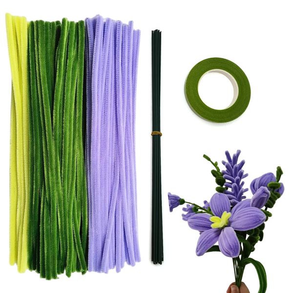 Swpohrat 210 Pieces Craft Pipe Cleaners Flower Set,Chenille Stem Pipecleaner Kit for Craft Tulip Lily Bouquet Making,DIY Craft Projects and Holiday Decorations (Purple + Green)